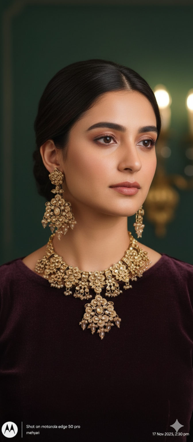 Gold Beaded Necklace set (Beige)