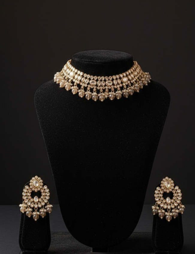 Gold Beaded Necklace Set (Beige)